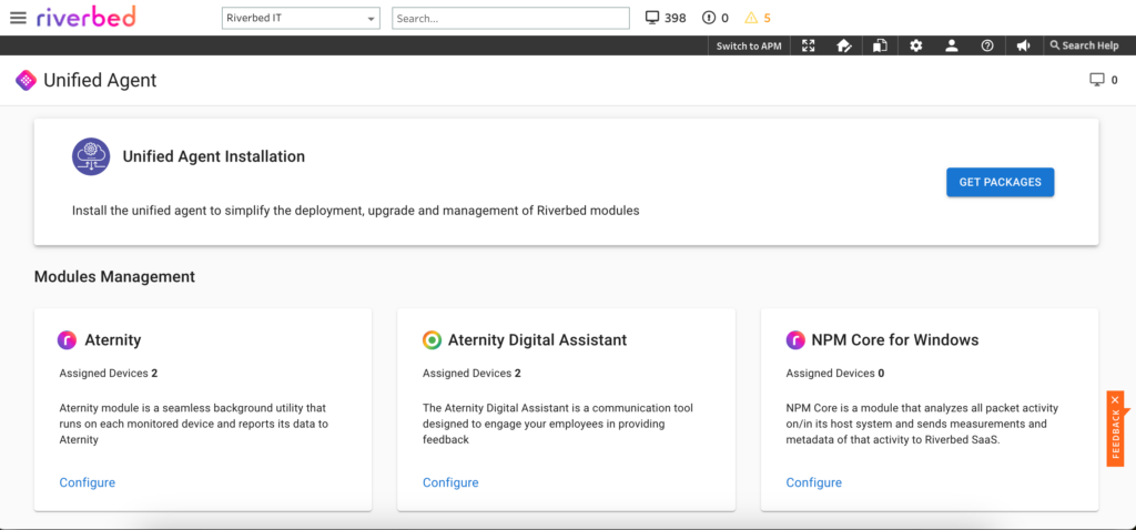 Riverbed Unified Agent simplifies agent deployment and management.